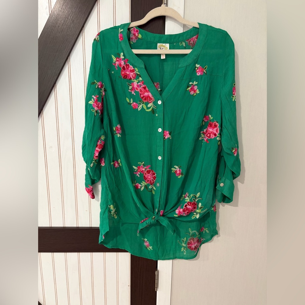 Fig & Flower Kelly Green Floral Embroidery Blouse 1X Anthropologie